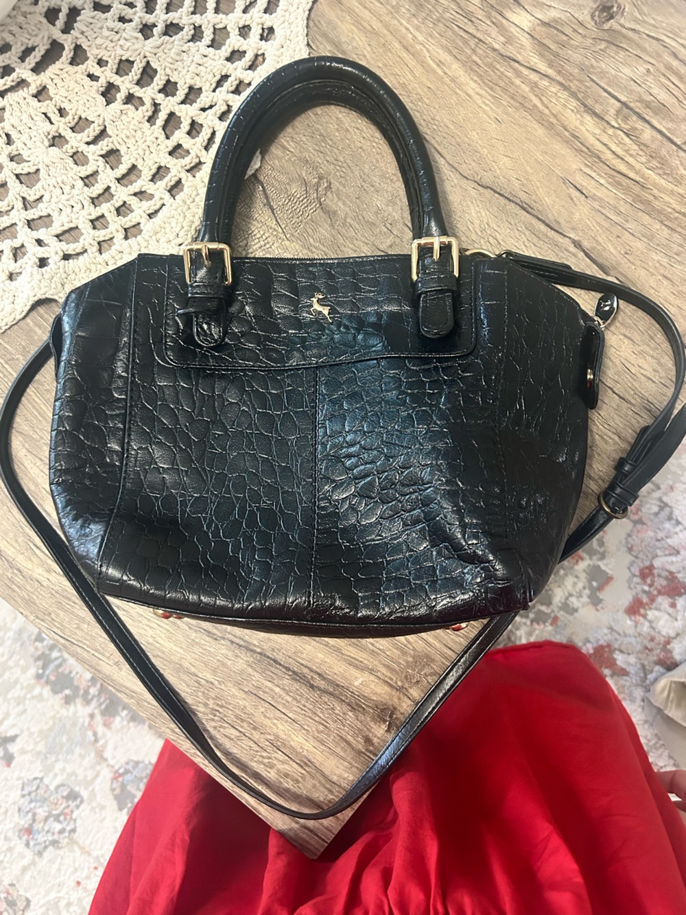Black Croc-Texture Shoulder Bag - Unbranded